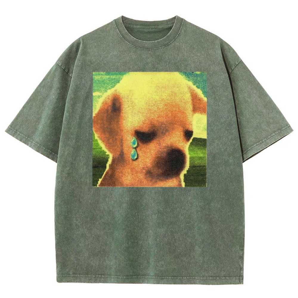 Grainy Sad Crying Puppy Nostalgic Washed T-shirt 
