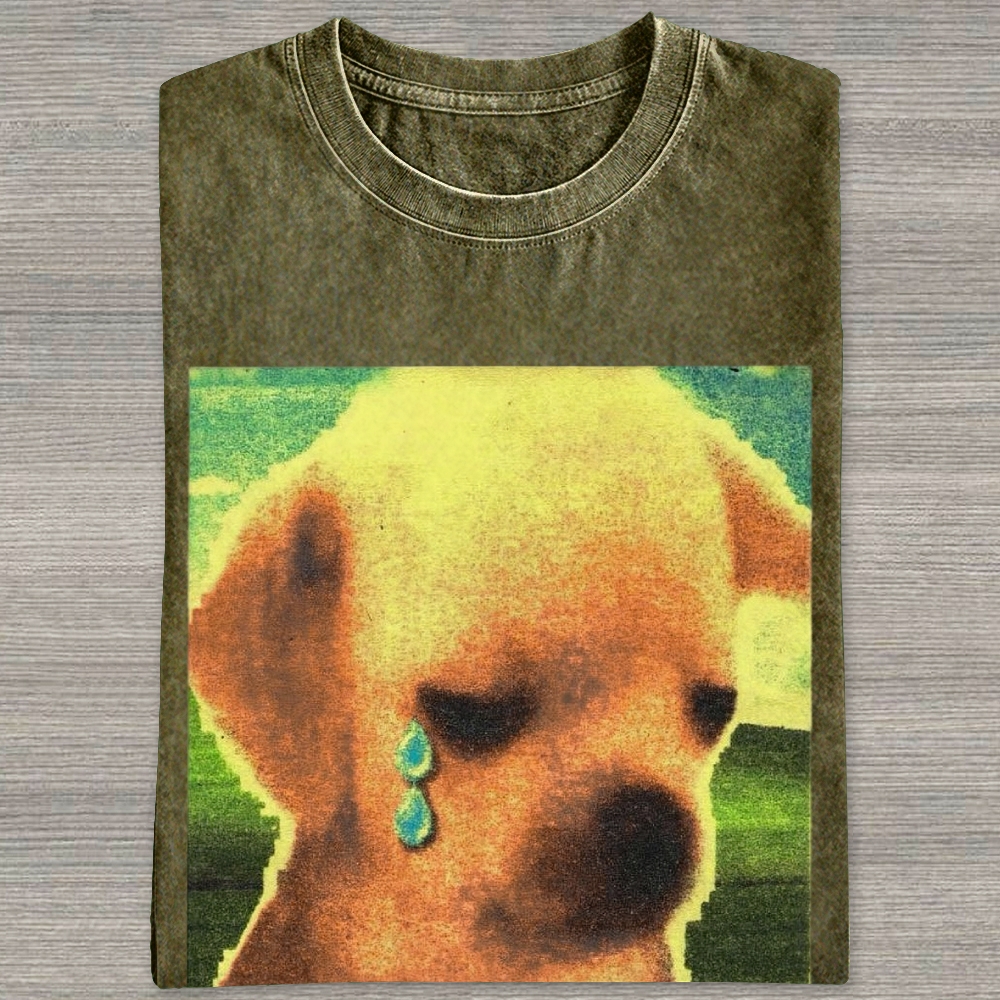 Grainy Sad Crying Puppy Nostalgic Washed T-shirt 