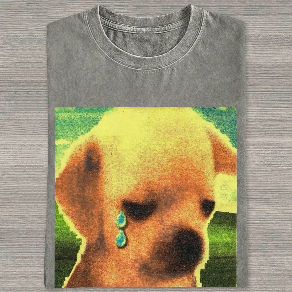 Grainy Sad Crying Puppy Nostalgic Washed T-shirt 