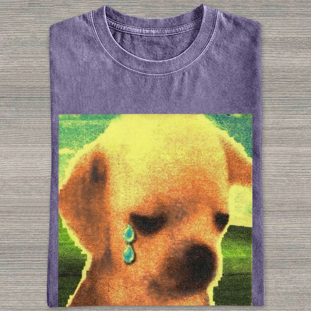 Grainy Sad Crying Puppy Nostalgic Washed T-shirt 