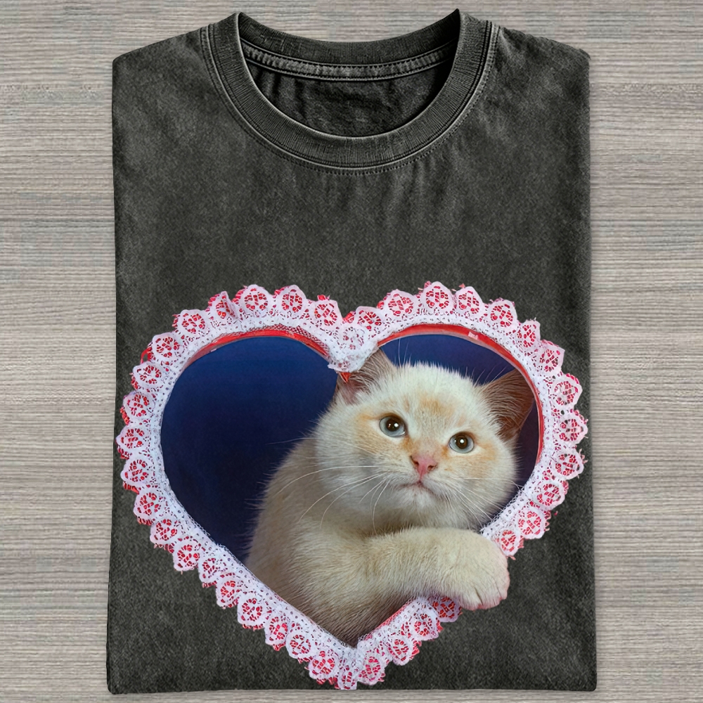 Lace Heart Frame Cream Fluffy Cat Washed T-shirt 