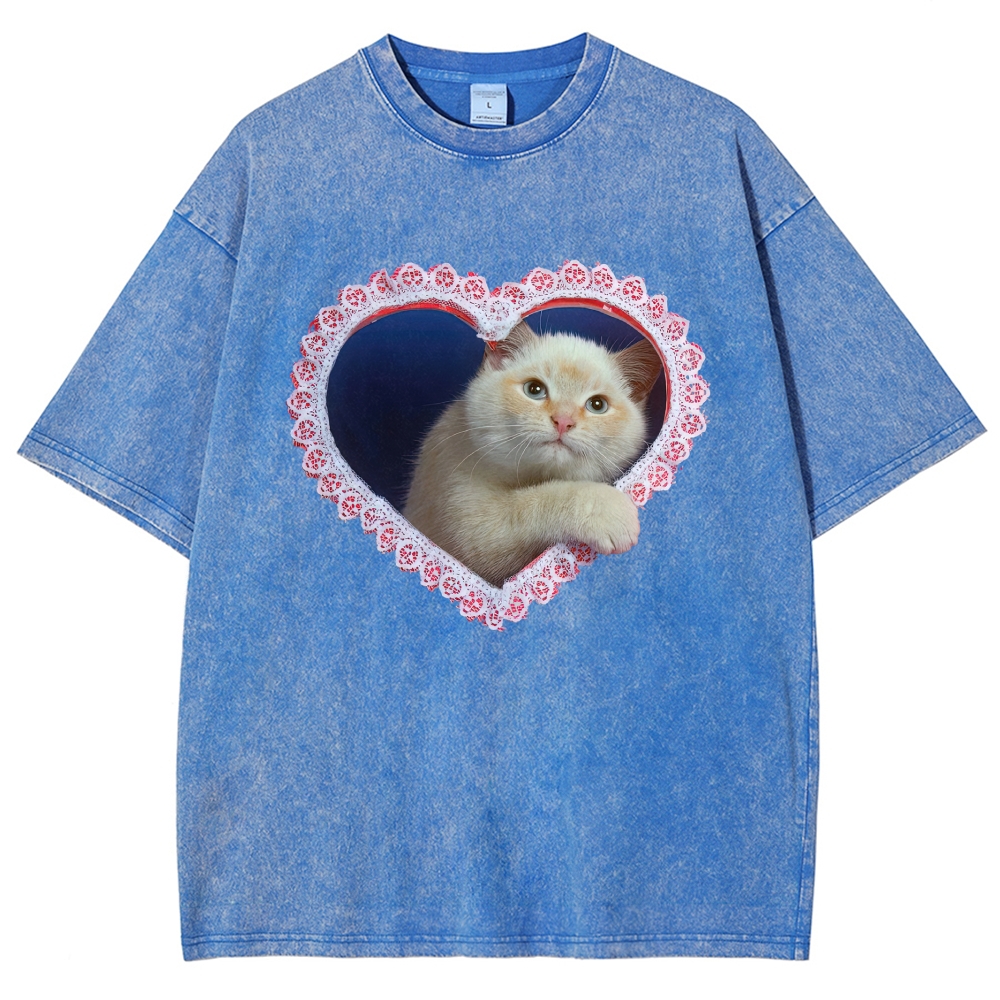 Lace Heart Frame Cream Fluffy Cat Washed T-shirt 