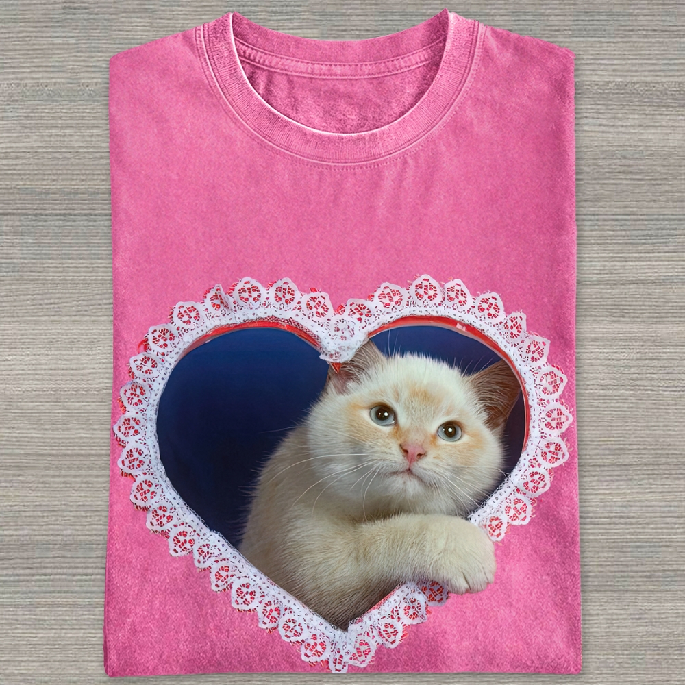 Lace Heart Frame Cream Fluffy Cat Washed T-shirt 