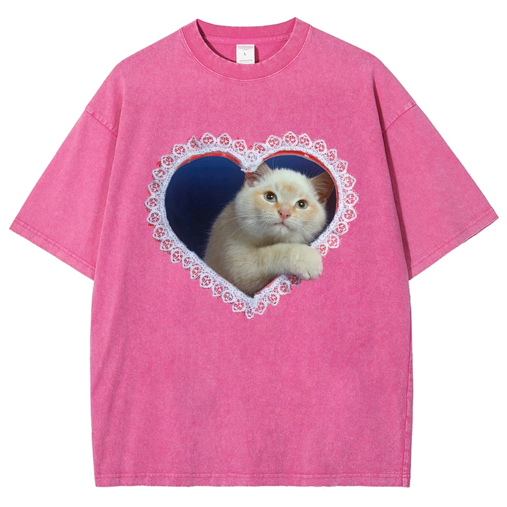 Lace Heart Frame Cream Fluffy Cat Washed T-shirt 
