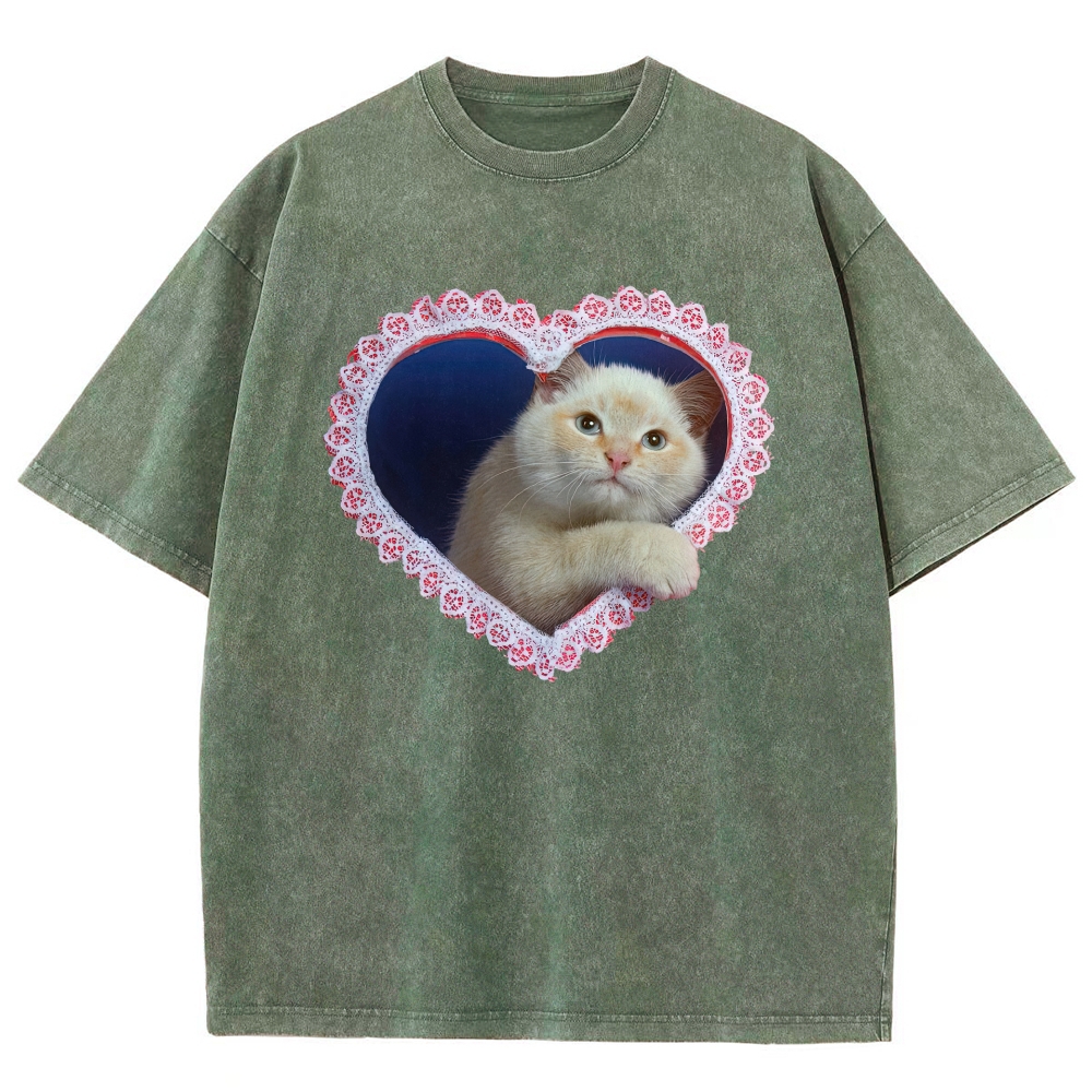 Lace Heart Frame Cream Fluffy Cat Washed T-shirt 