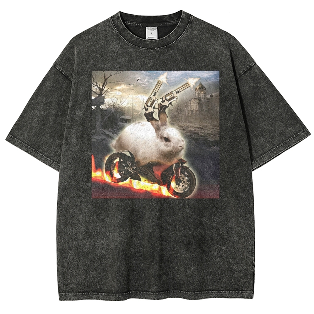 Post Apocalyptic Exploding Revolver Rabbit Flaming Motorcycle Distressed Washed T-shirt