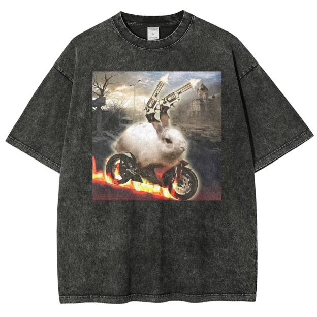Post Apocalyptic Exploding Revolver Rabbit Flaming Motorcycle Distressed Washed T-shirt