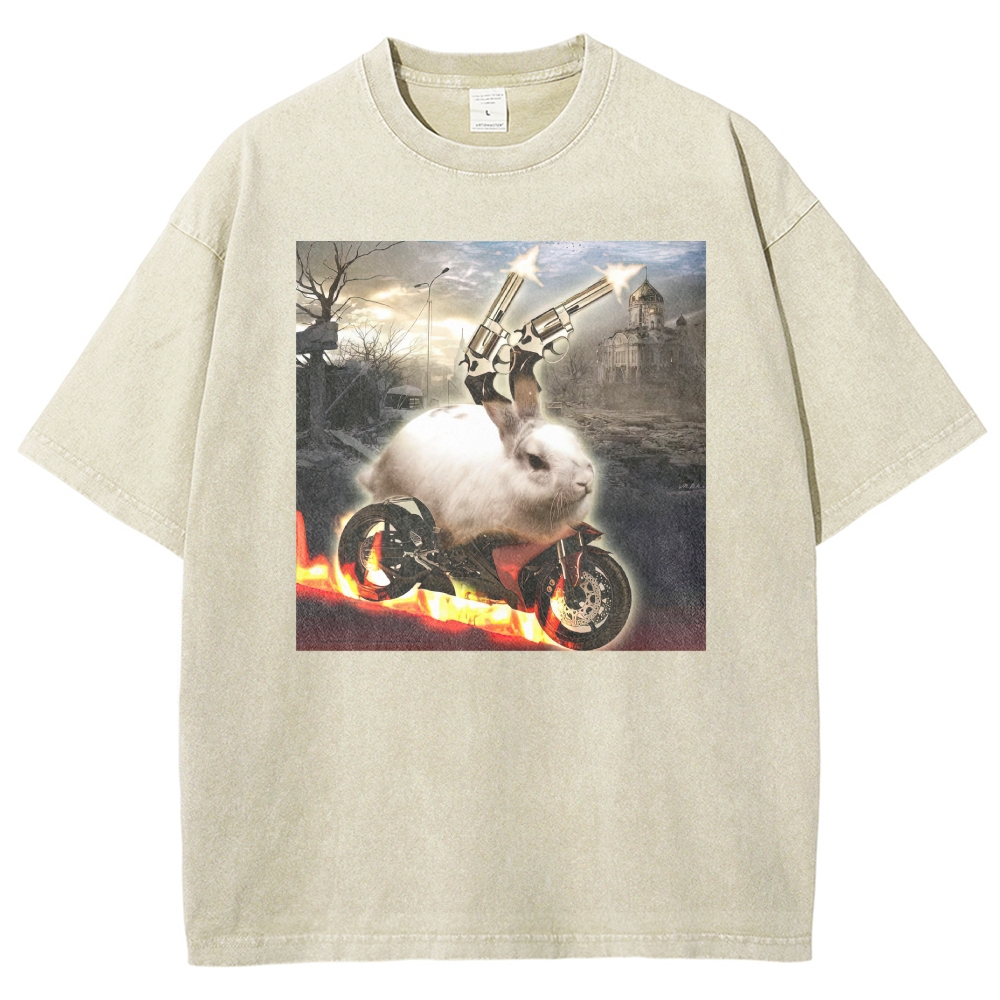 Post Apocalyptic Exploding Revolver Rabbit Flaming Motorcycle Distressed Washed T-shirt