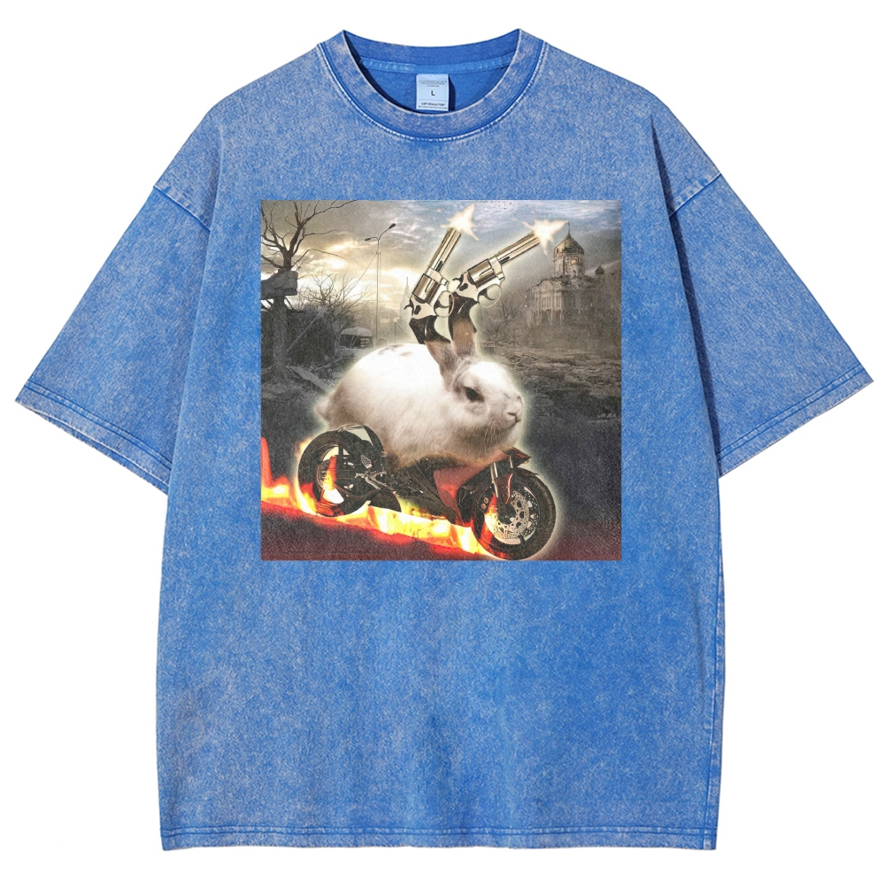 Post Apocalyptic Exploding Revolver Rabbit Flaming Motorcycle Distressed Washed T-shirt