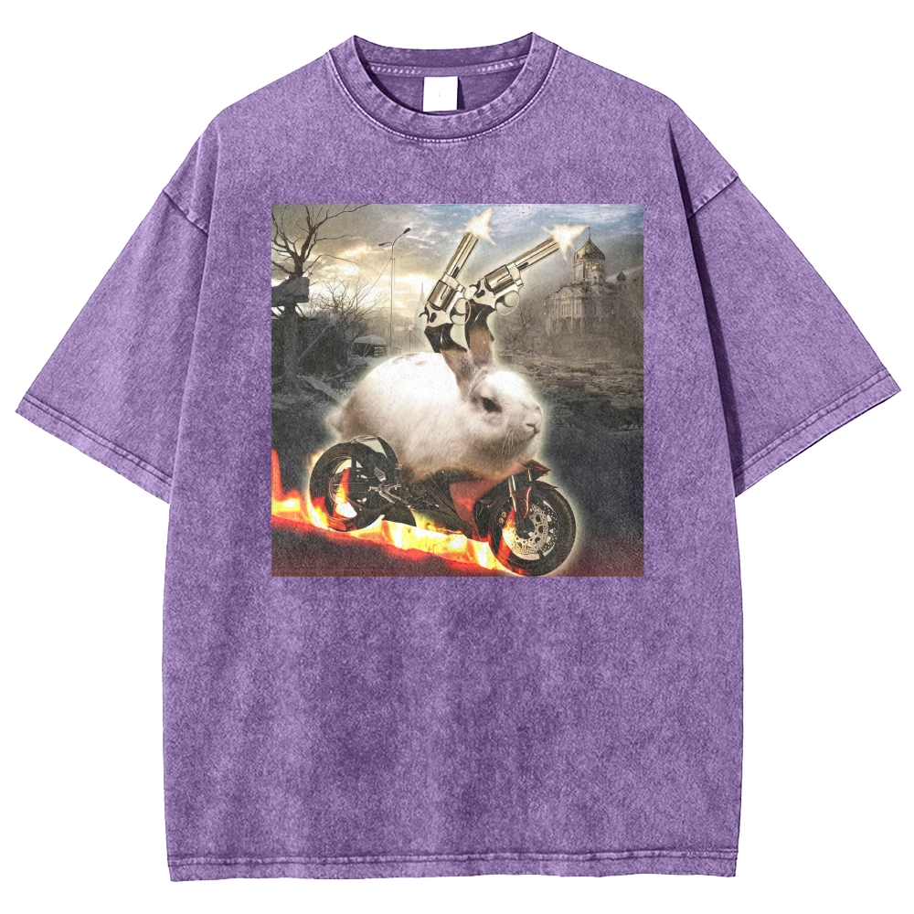 Post Apocalyptic Exploding Revolver Rabbit Flaming Motorcycle Distressed Washed T-shirt