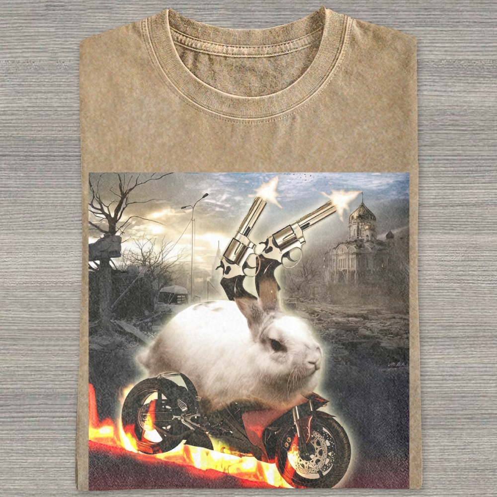 Post Apocalyptic Exploding Revolver Rabbit Flaming Motorcycle Distressed Washed T-shirt