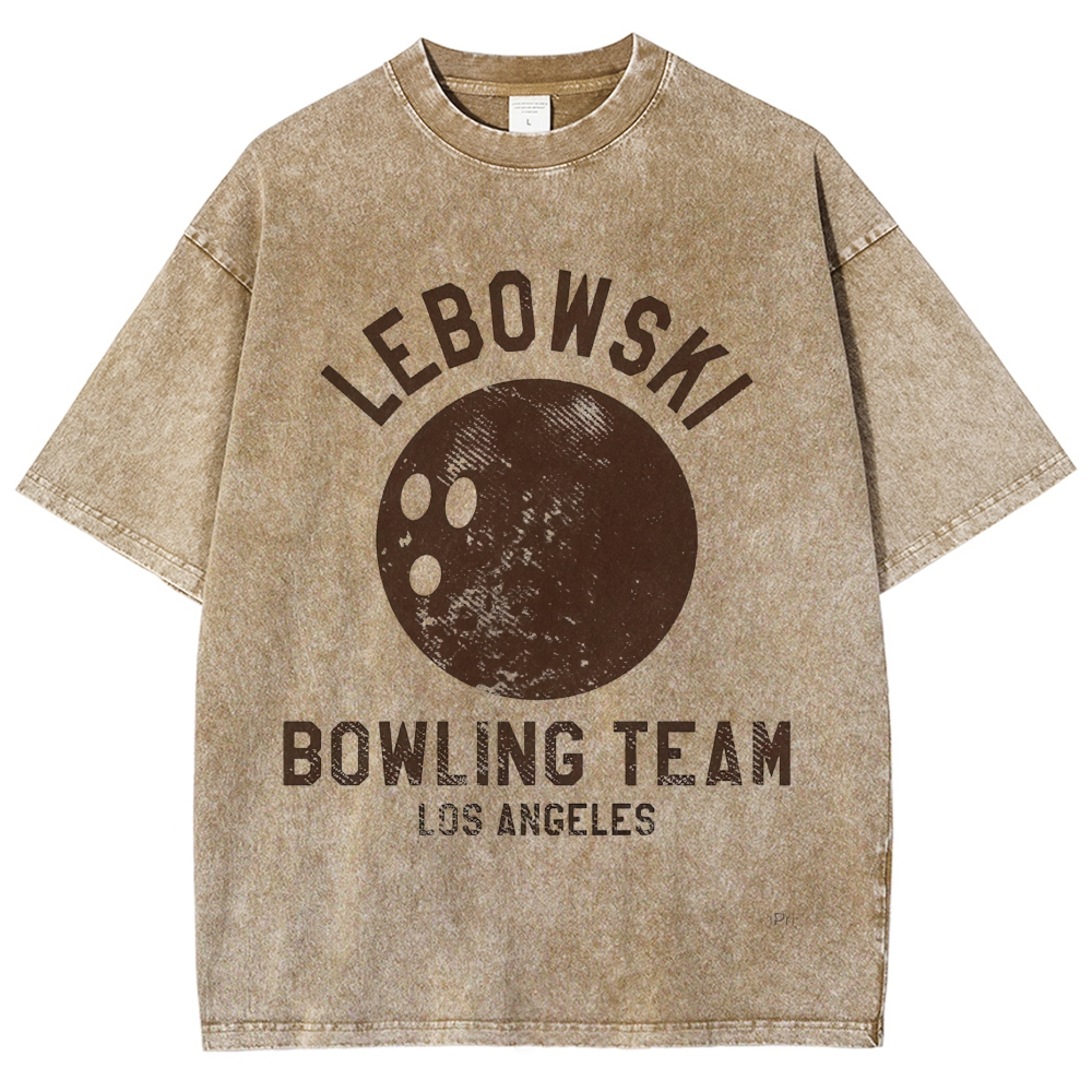 Retro Cracked Bowling Ball "Lebowski Bowling Team Los Angeles" Washed T-shirt 