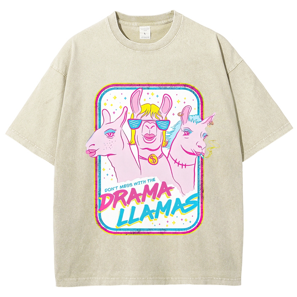 Y2K Neon Pastel Drama Llama Trio Retro Badge Washed T-shirt