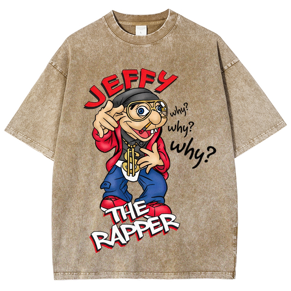 Hip Hop Rapper Puppet Jeffy "Why?" Slogan Lavender Distressed Washed T-shirt