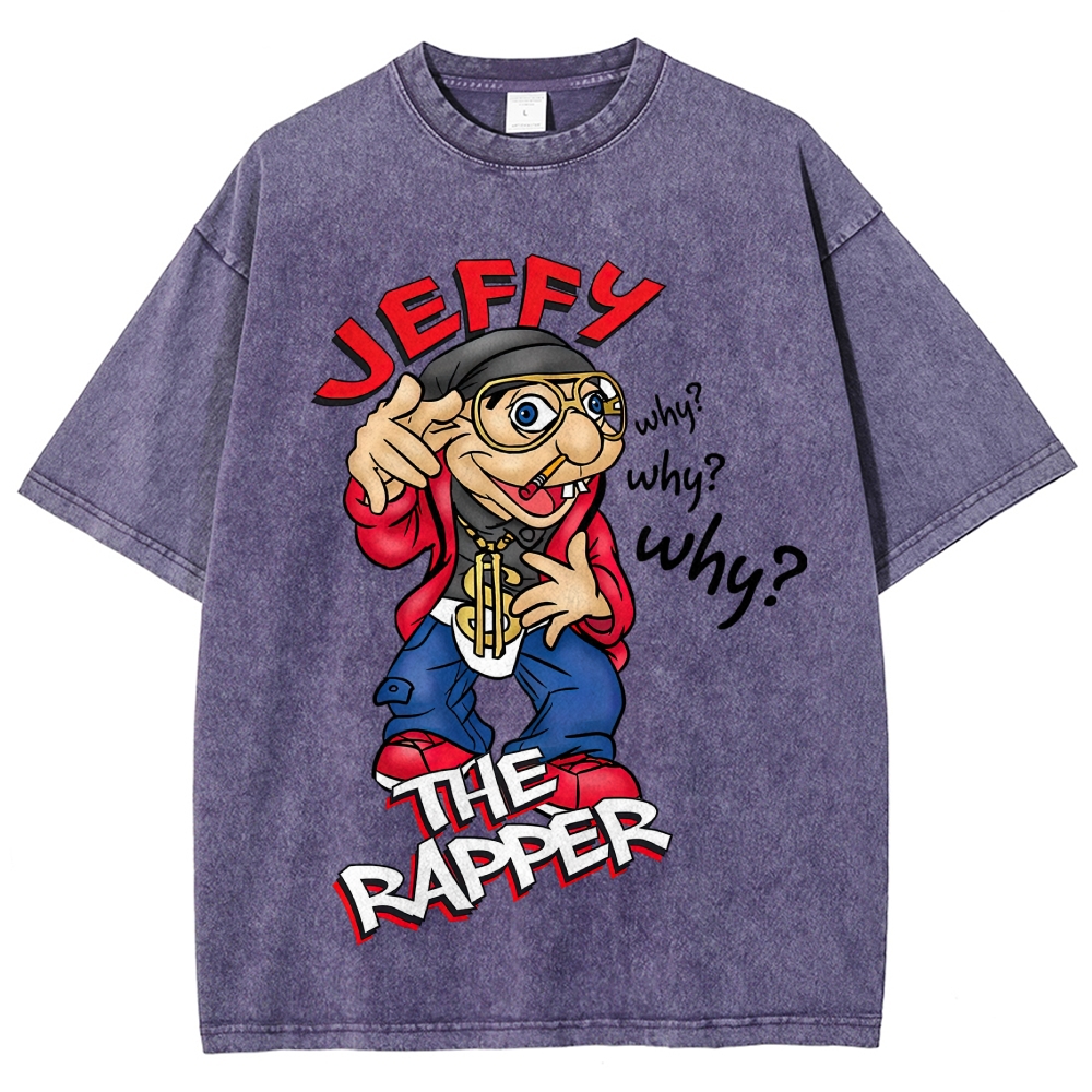 Hip Hop Rapper Puppet Jeffy "Why?" Slogan Lavender Distressed Washed T-shirt