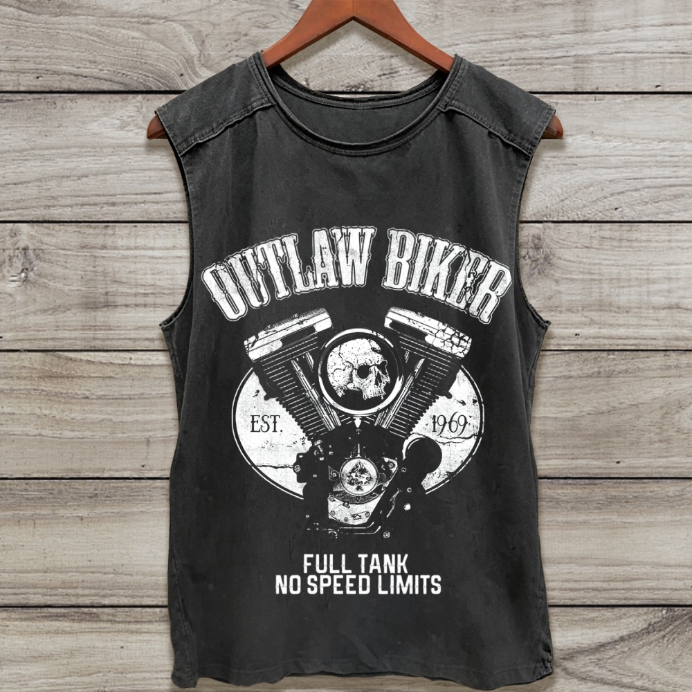 Biker V-Twin Engine Skull "Outlaw Biker 1969" Grunge Acid Washed Tank Top