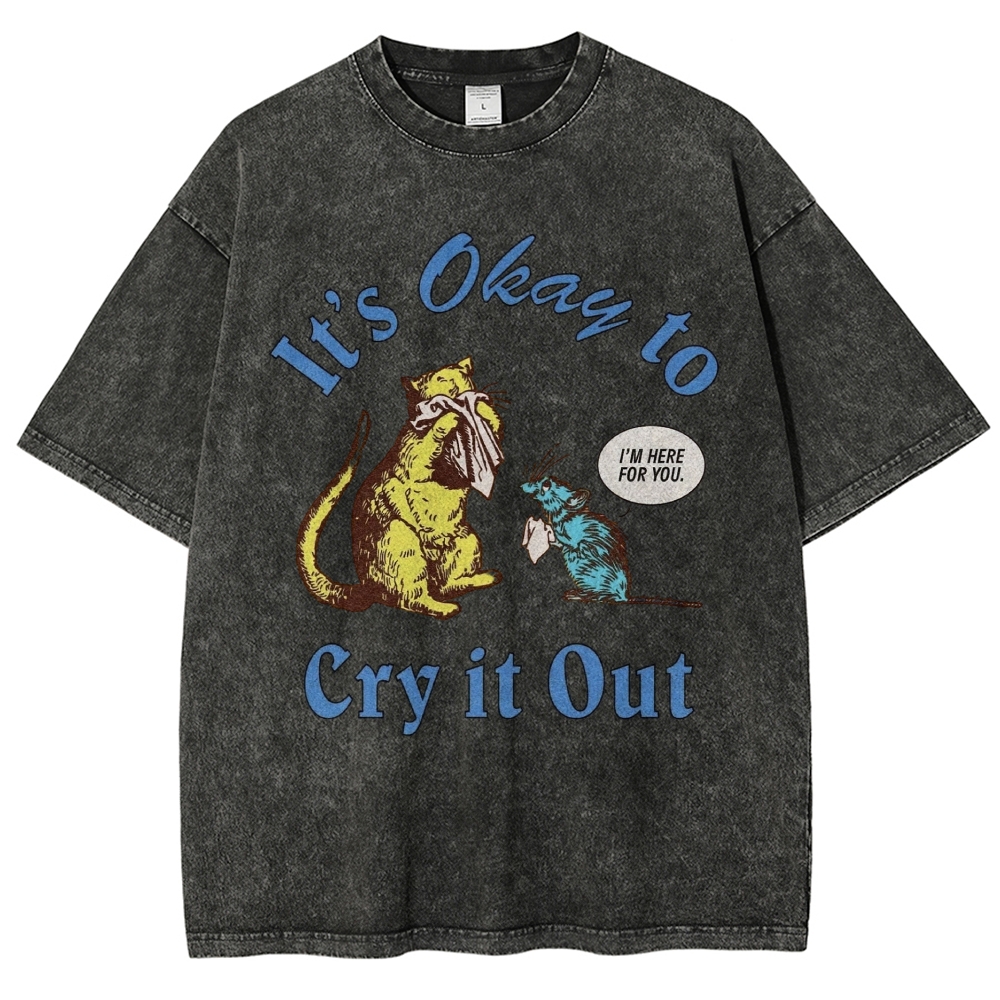 Line Art Comfort Crying Mice Empathy Quote Khaki Distressed Washed T-shirt