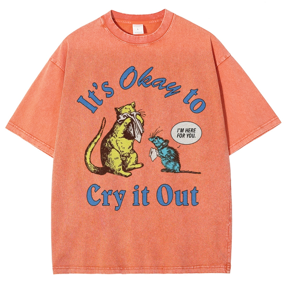 Line Art Comfort Crying Mice Empathy Quote Khaki Distressed Washed T-shirt