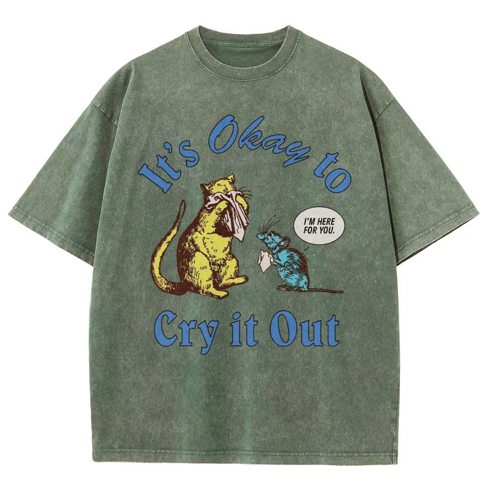 Line Art Comfort Crying Mice Empathy Quote Khaki Distressed Washed T-shirt