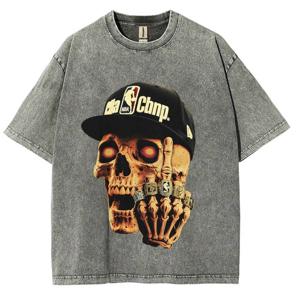 Champion Skull Glowing Eyes Championship Rings Basketball Cap Washed T-shirt