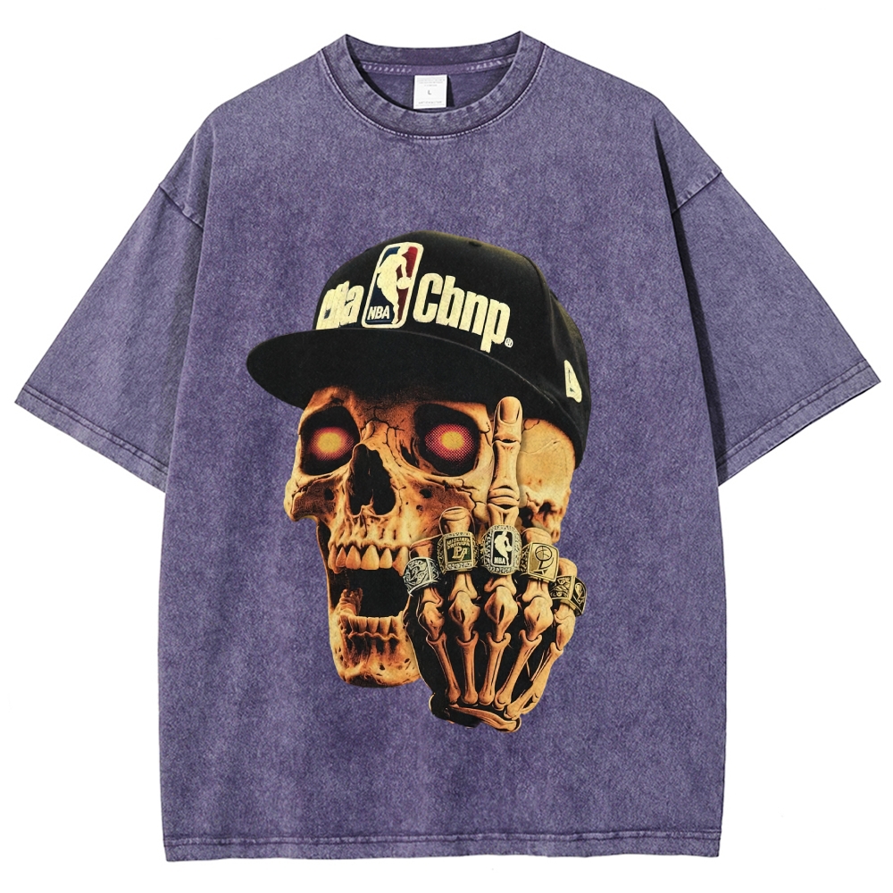 Champion Skull Glowing Eyes Championship Rings Basketball Cap Washed T-shirt