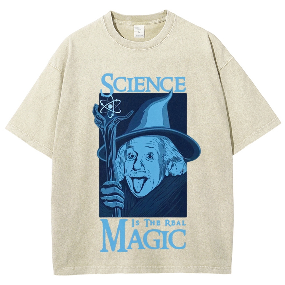 Einstein Wizard Staff Atom Symbol "Science Is The Real Magic" Washed T-shirt 