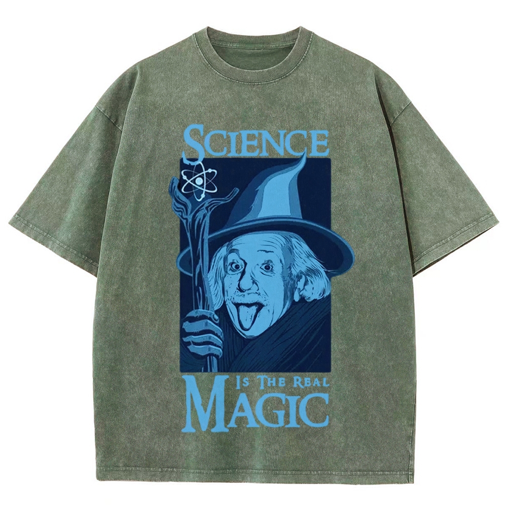 Einstein Wizard Staff Atom Symbol "Science Is The Real Magic" Washed T-shirt 