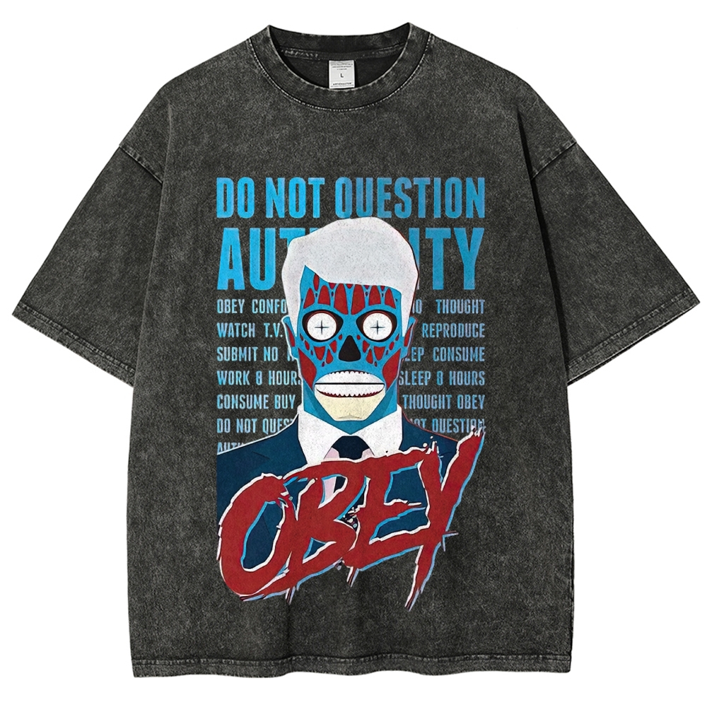 Dystopian Masked Business Man Anti Establishment "Obey" Slogan Distressed Washed T-shirt