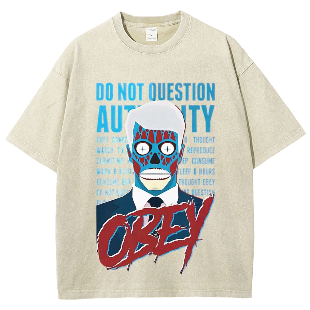 Dystopian Masked Business Man Anti Establishment "Obey" Slogan Distressed Washed T-shirt
