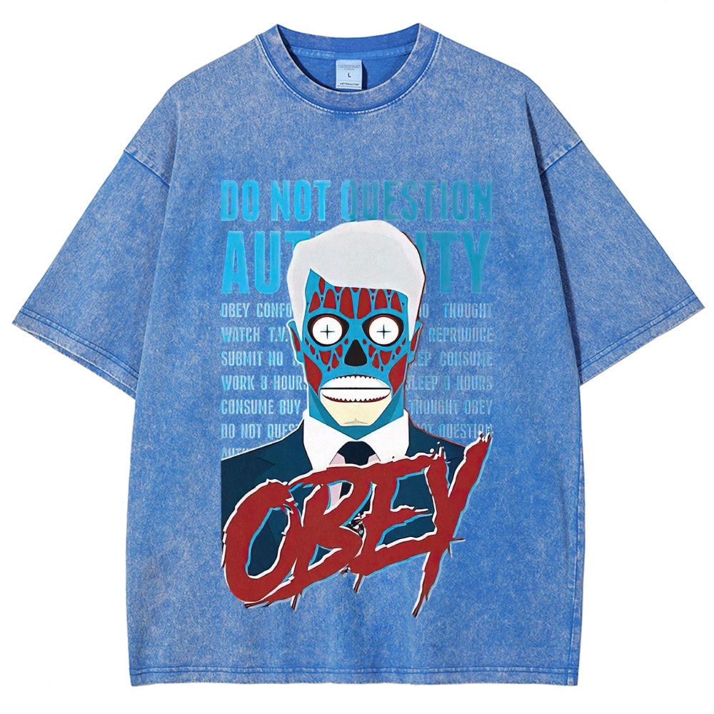 Dystopian Masked Business Man Anti Establishment "Obey" Slogan Distressed Washed T-shirt