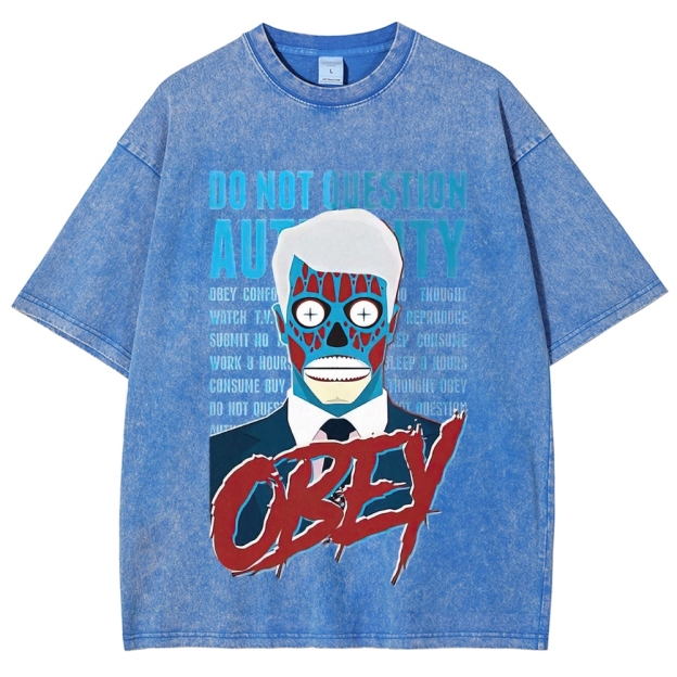 Dystopian Masked Business Man Anti Establishment "Obey" Slogan Distressed Washed T-shirt
