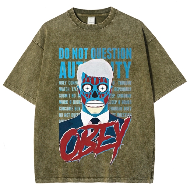Dystopian Masked Business Man Anti Establishment "Obey" Slogan Distressed Washed T-shirt