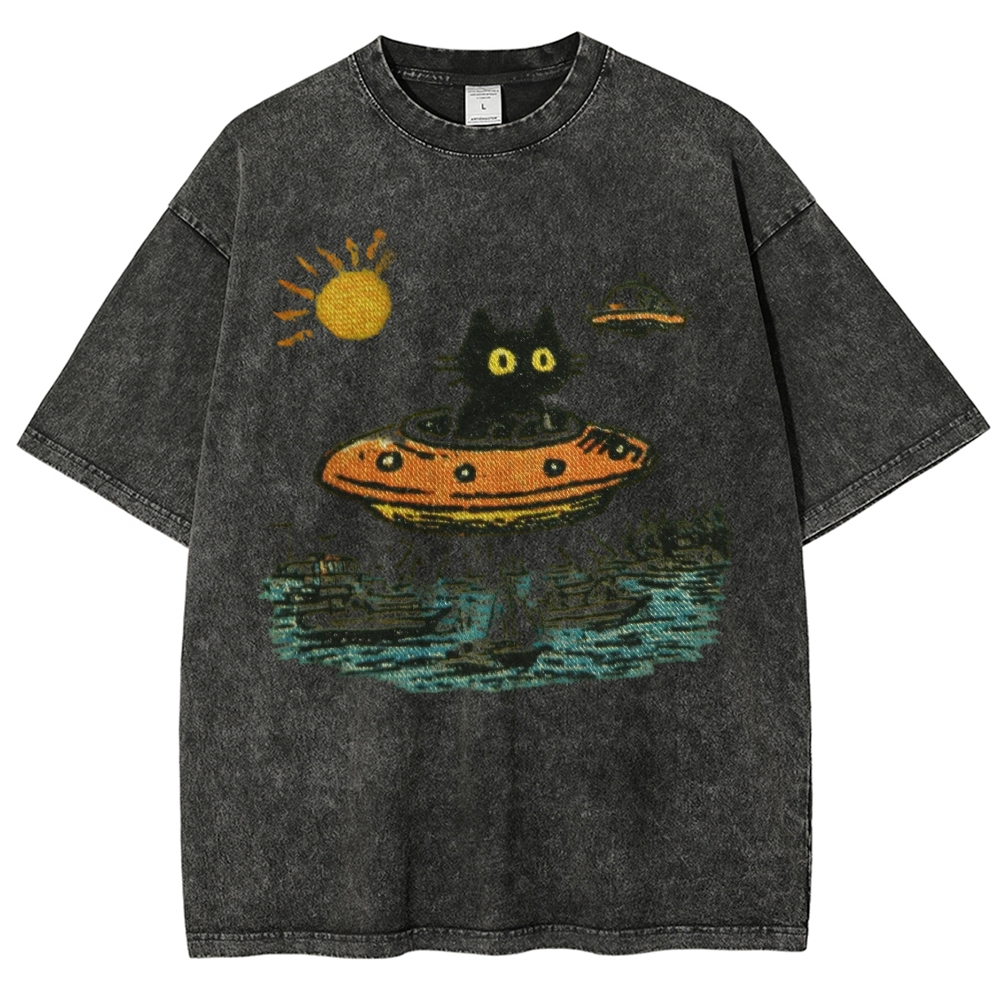 Black Cat Flying Saucer Ocean Harbor Sunrise Washed T-shirt