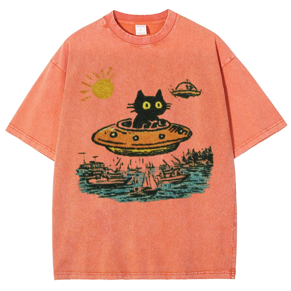 Black Cat Flying Saucer Ocean Harbor Sunrise Washed T-shirt