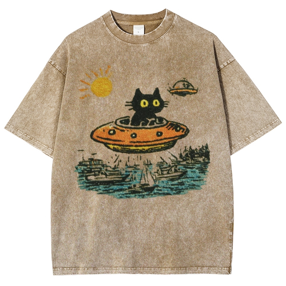 Black Cat Flying Saucer Ocean Harbor Sunrise Washed T-shirt