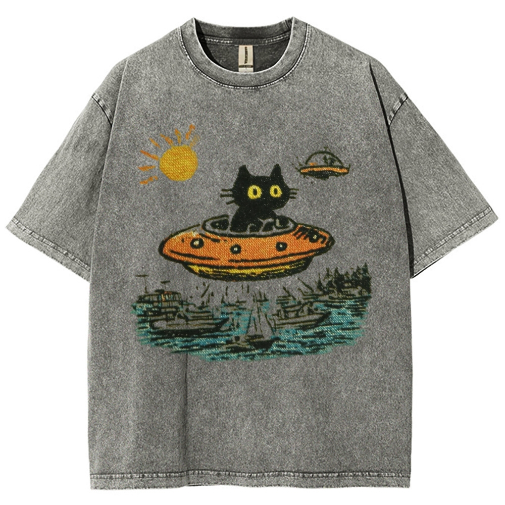 Black Cat Flying Saucer Ocean Harbor Sunrise Washed T-shirt