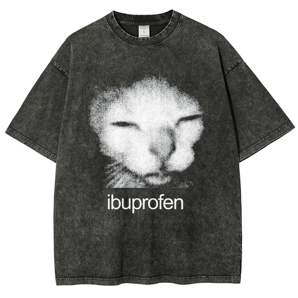 Grain Noise Sleepy Cat Ibuprofen Text Distressed Charcoal Acid Washed T-shirt