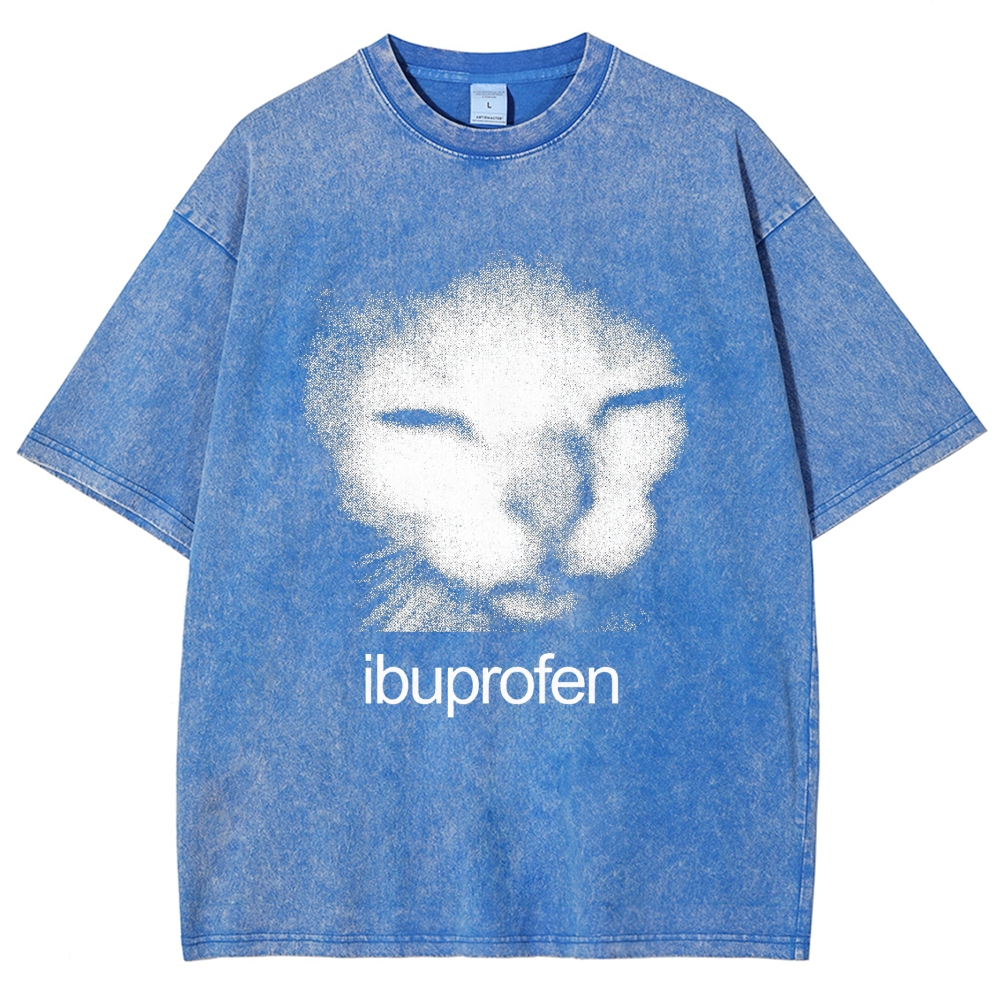 Grain Noise Sleepy Cat Ibuprofen Text Distressed Charcoal Acid Washed T-shirt