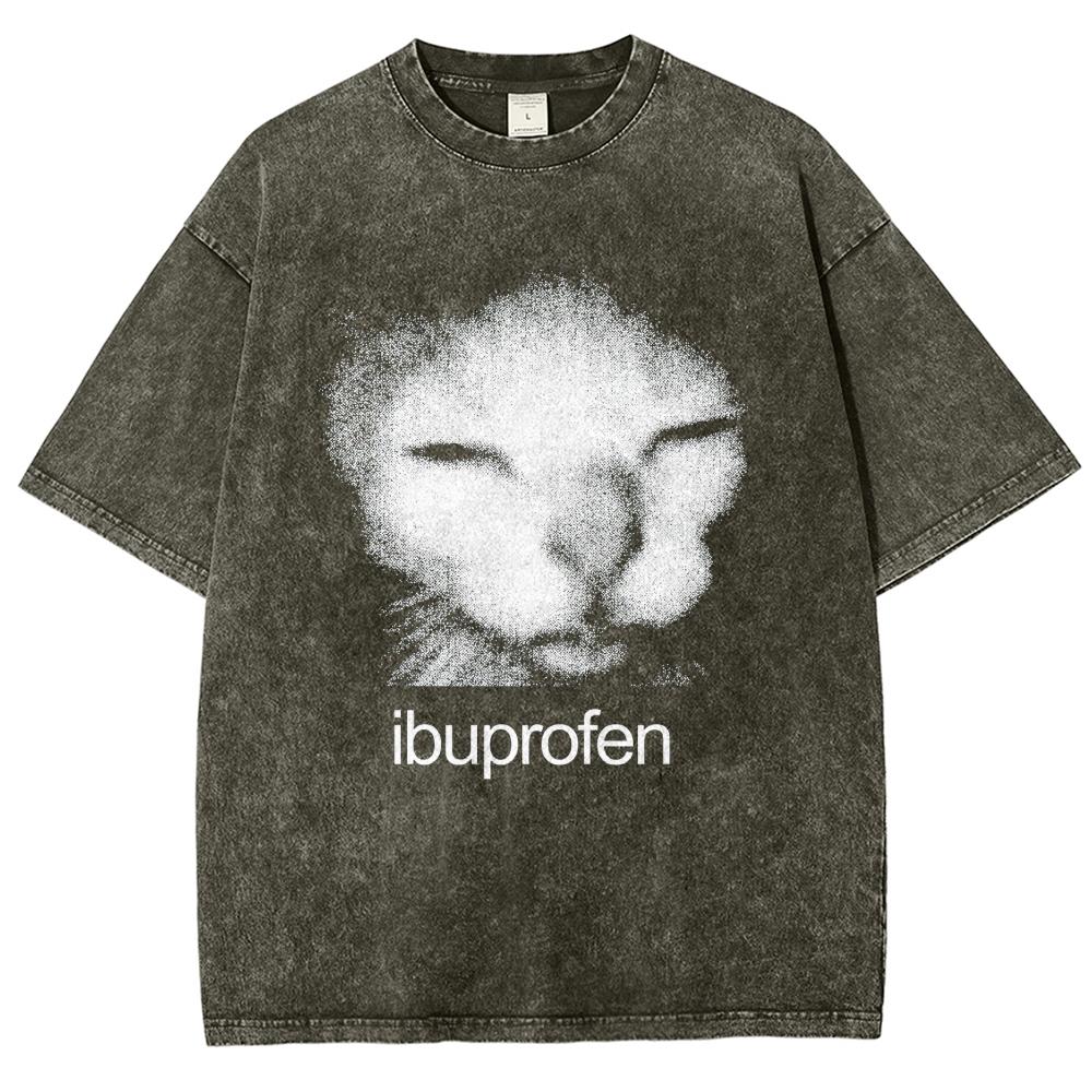 Grain Noise Sleepy Cat Ibuprofen Text Distressed Charcoal Acid Washed T-shirt