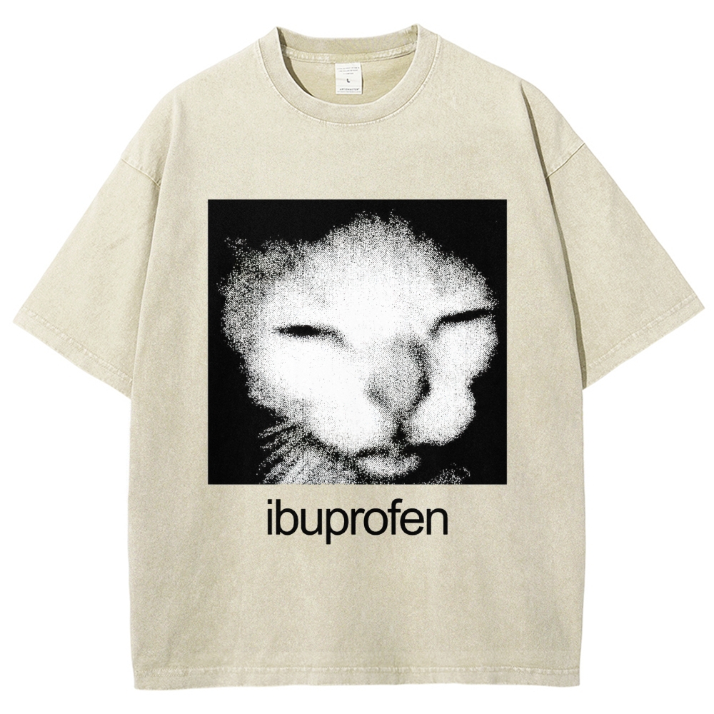 Grain Noise Sleepy Cat Ibuprofen Text Distressed Charcoal Acid Washed T-shirt