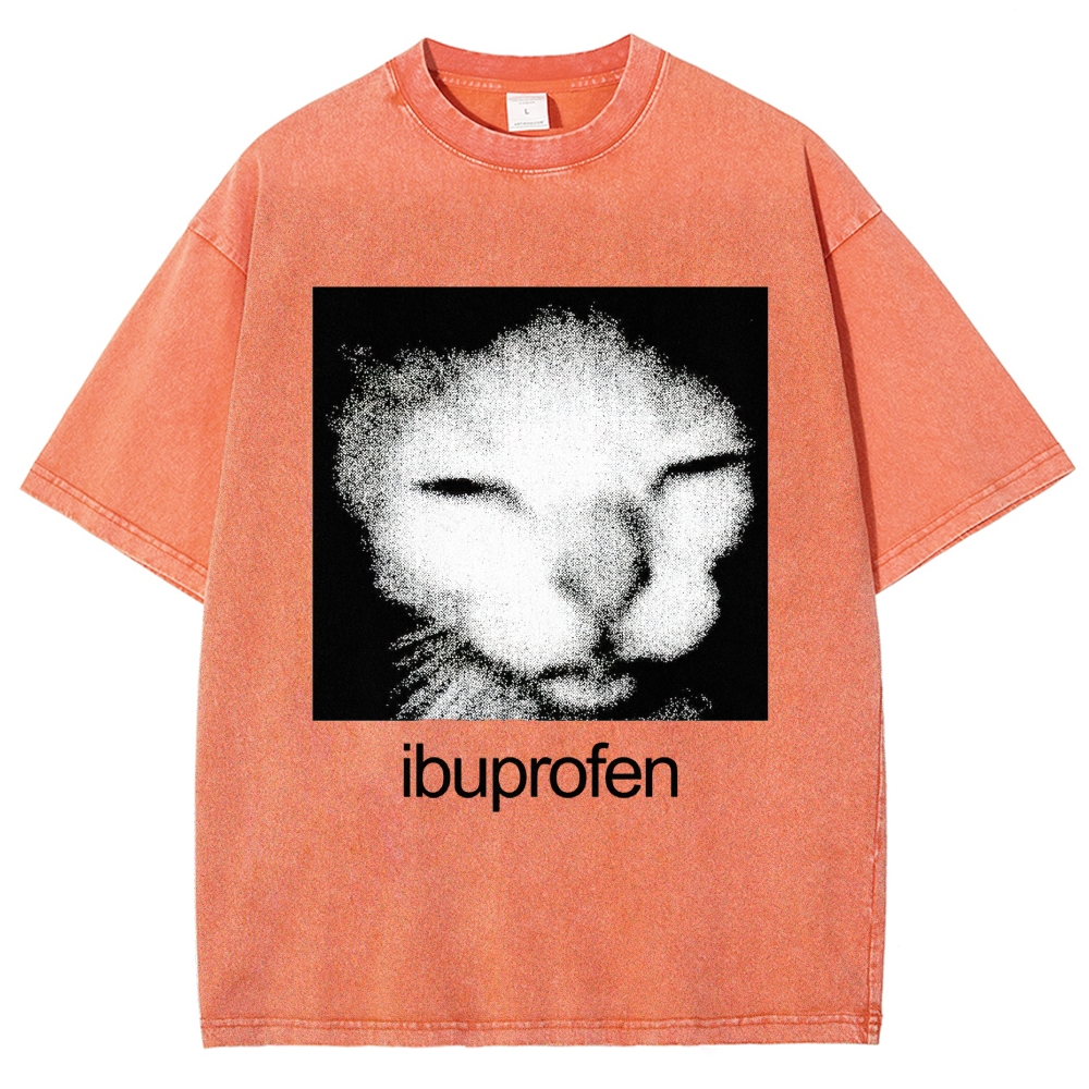 Grain Noise Sleepy Cat Ibuprofen Text Distressed Charcoal Acid Washed T-shirt