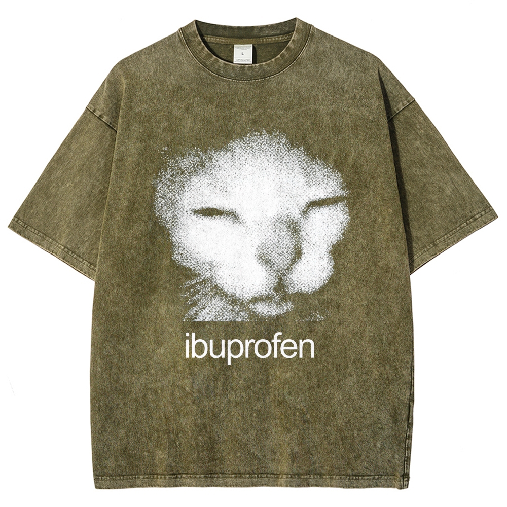 Grain Noise Sleepy Cat Ibuprofen Text Distressed Charcoal Acid Washed T-shirt