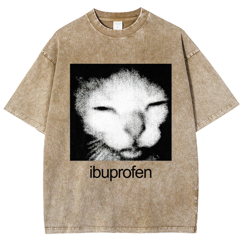 Grain Noise Sleepy Cat Ibuprofen Text Distressed Charcoal Acid Washed T-shirt
