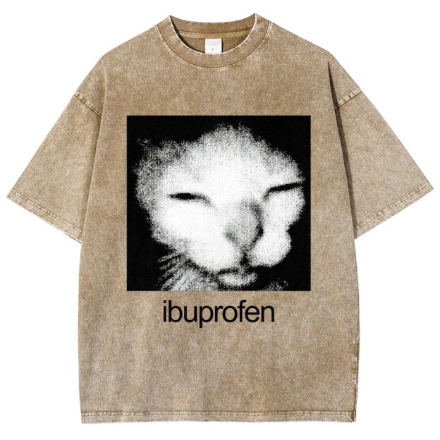 Grain Noise Sleepy Cat Ibuprofen Text Distressed Charcoal Acid Washed T-shirt
