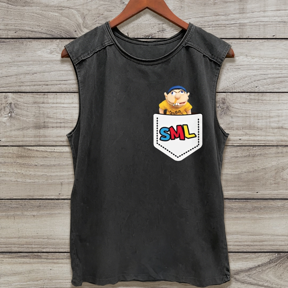 Pocket Pop Out Puppet Character Color Letter Logo Washed Tank Top