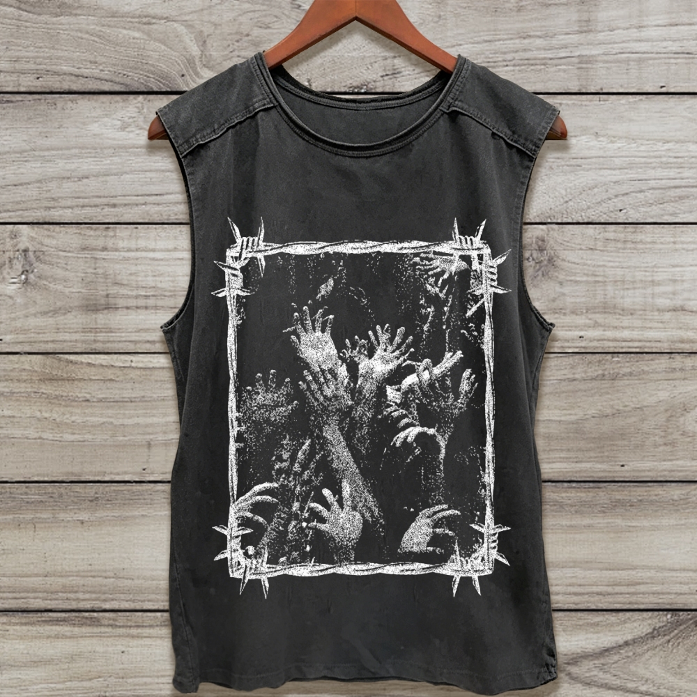 Barbed Wire Frame Reaching Ghost Hands Grunge Horror Washed Tank Top