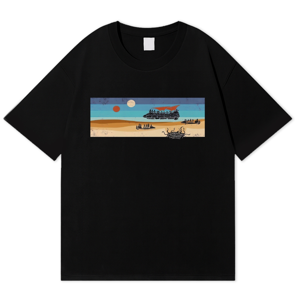 Dual Sun Desert Sand Vessel Weird Creature Distressed Solid Cotton T-shirt