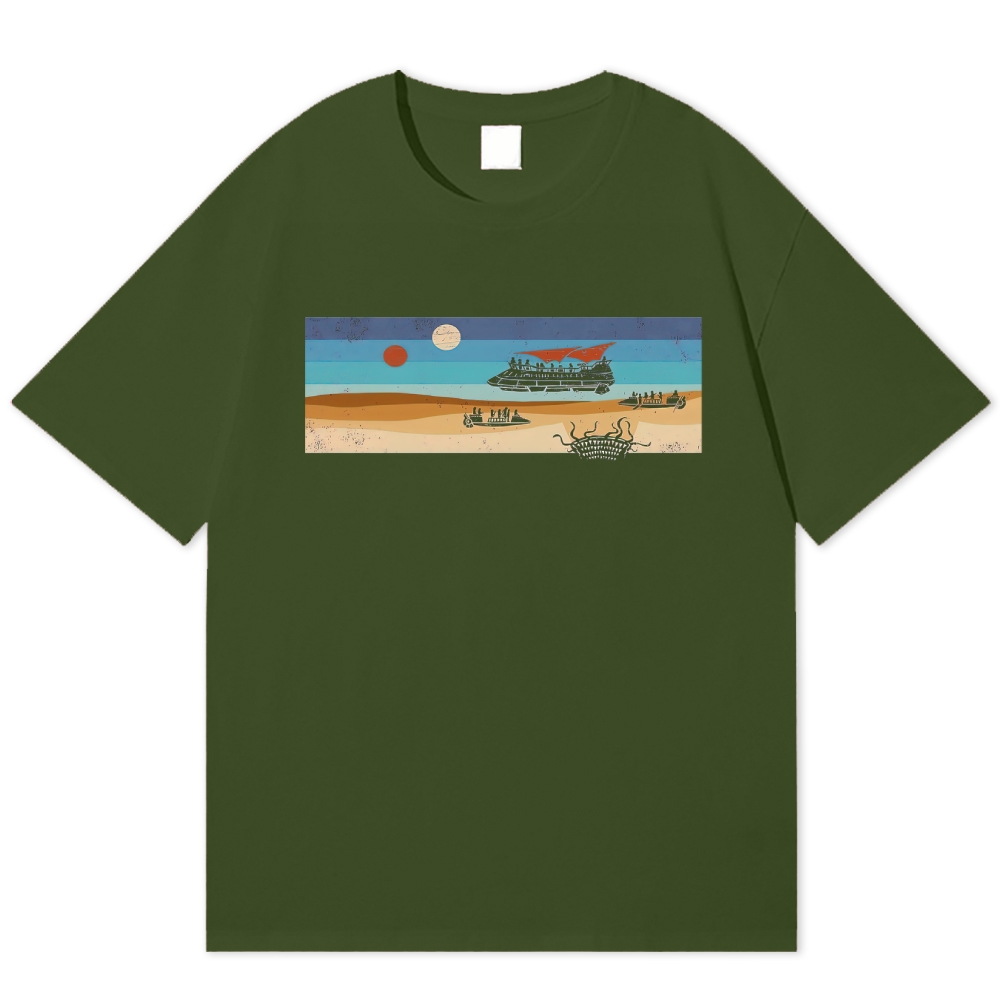 Dual Sun Desert Sand Vessel Weird Creature Distressed Solid Cotton T-shirt