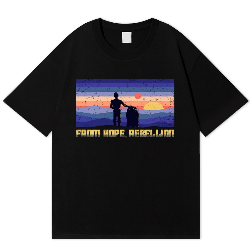Retro Striped Sunset Silhouette Robot "From Hope, Rebellion" Cotton T-shirt
