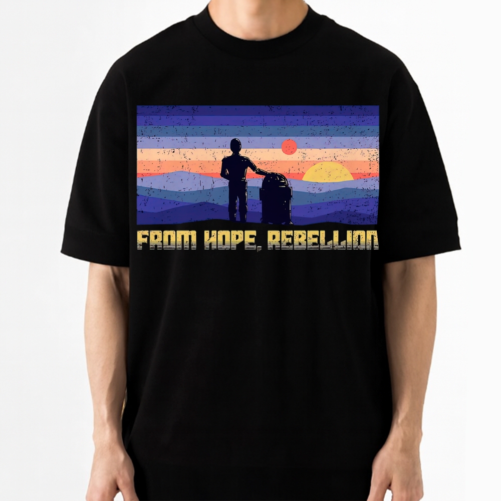 Retro Striped Sunset Silhouette Robot "From Hope, Rebellion" Cotton T-shirt